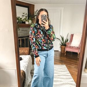 DOLCE CABO | Women's Medium Black Multicolored Floral Embroidered Bomber Jacket